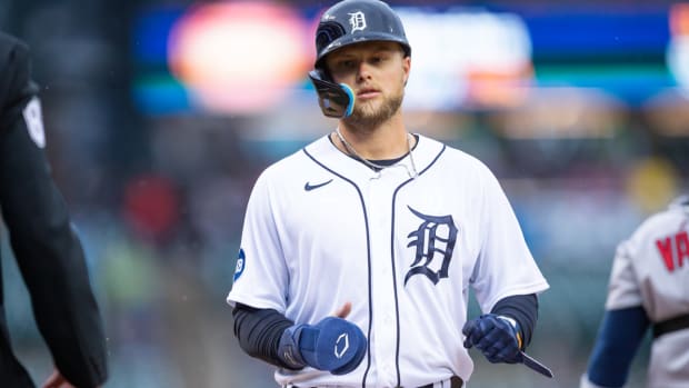 Apr 11, 2022; Detroit, Michigan, USA; Detroit Tigers left fielder Austin Meadows (17) scores a run during the first inning against the Boston Red Sox at Comerica Park. Mandatory Credit: Raj Mehta-USA TODAY Sports